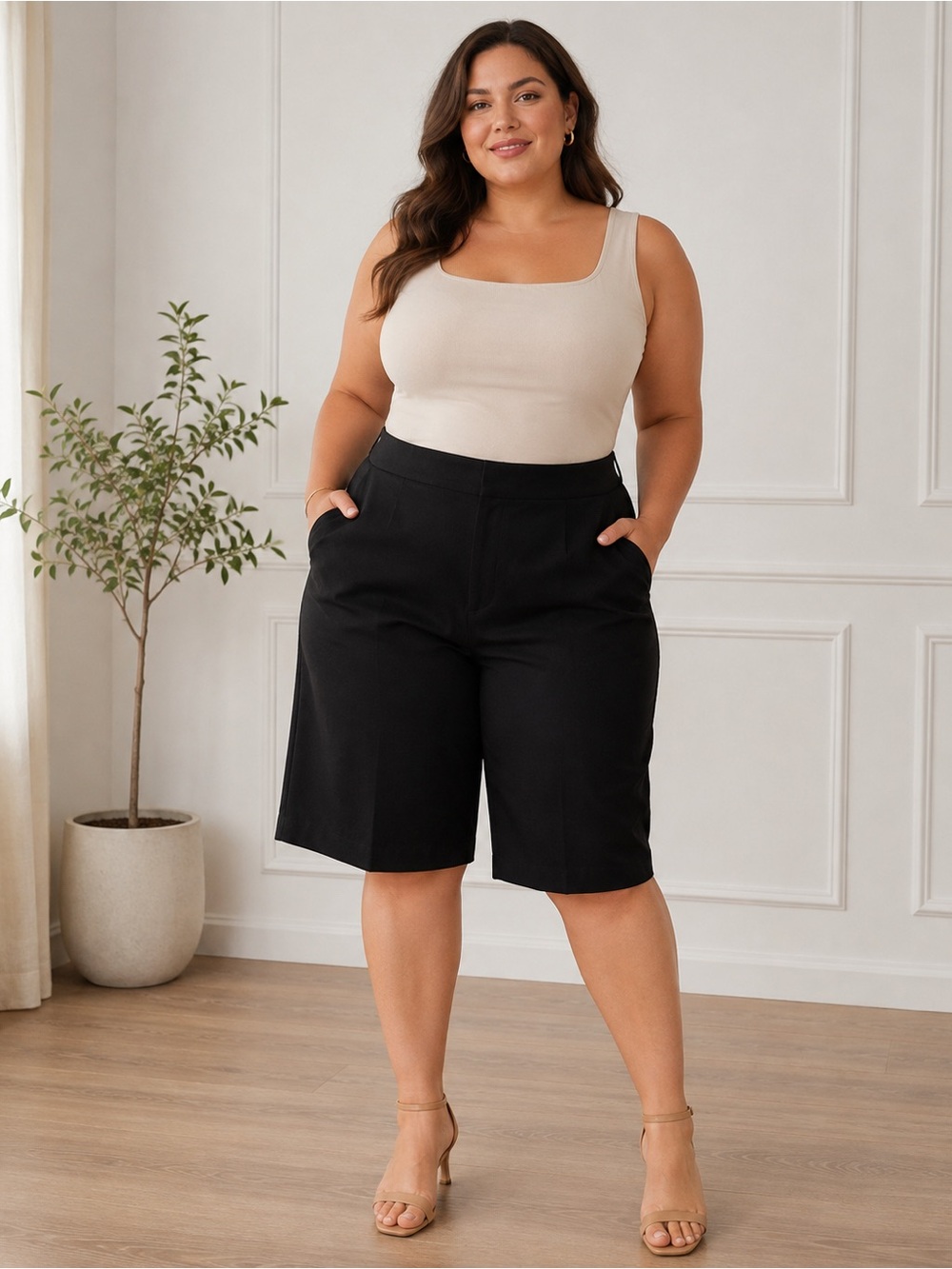 Solenne Plus Size 2X Black Wide Leg Bermuda Shorts Dressy Tailored